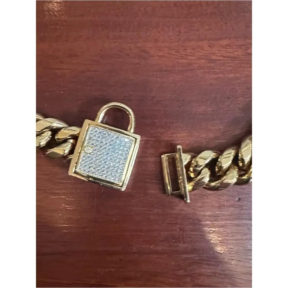 Gold Chain Dog Collar Padlock Clasp Bling Titanium Steel 24
